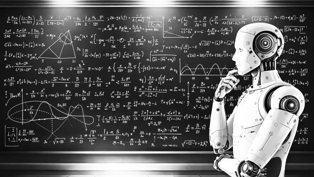 Denkender humanoider Roboter vor Tafel mit mathematischen Formeln und Diagrammen, in Graustufen.