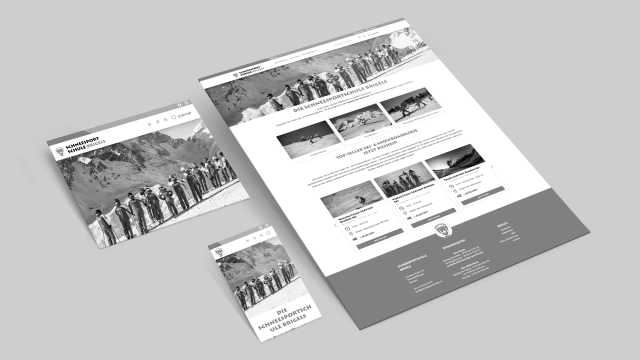 Mockup der Website der Schneesportschule Brigels auf Desktop, Tablet und Smartphone mit Bergmotiv und Kursübersicht.