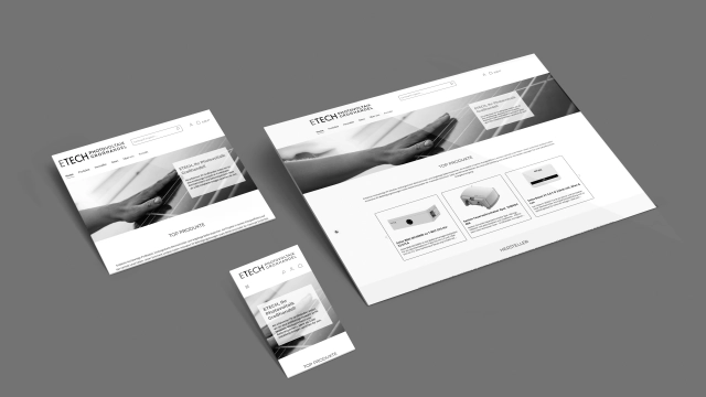 Mockup des ETECH Photovoltaik Großhandel Onlineshops auf Desktop, Tablet und Smartphone