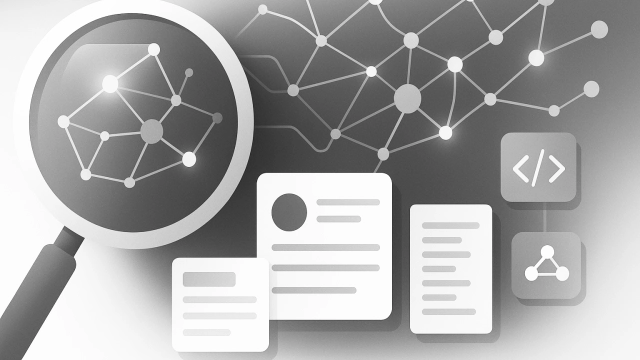 Abstrakte Illustration zu KI-Suche: Lupe, vernetzte Knoten, Content-Karten und Schema-Icons, ohne Text. KI-generiert.