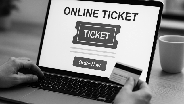Person kauft online ein Ticket am Laptop, hält eine Kreditkarte in der Hand, bereit zum Bestellen im Onlineshop.