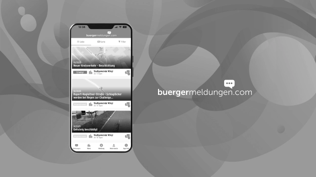 Ein Smartphone zeigt die buergermeldungen.com App mit einer Liste aktueller Meldungen wie Straßenschäden und Gehwegproblemen, daneben das Logo der Plattform.